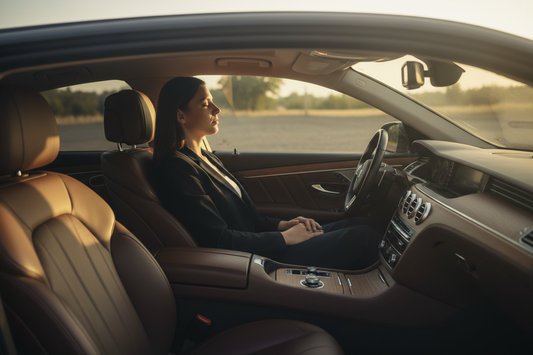 Veairy luxury car fragrance diffuser made of walnut wood and aerospace-grade aluminum mounted on a car vent — premium minimalist car scent diffuser