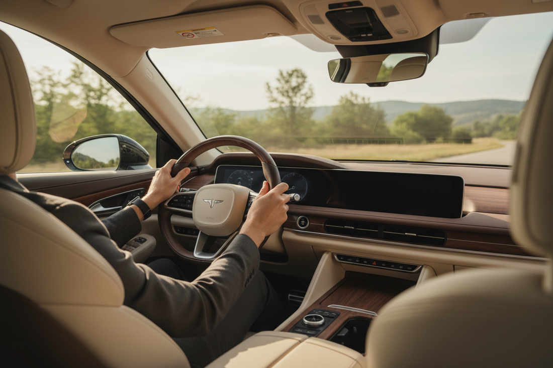 Premium car fragrance diffuser with walnut wood finish placed in a refined car interior