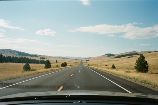 First-person driver perspective on open highway, natural daylight