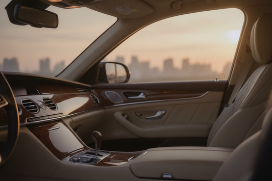 Luxury car interior at dawn — upgrade your drive with Veairy
