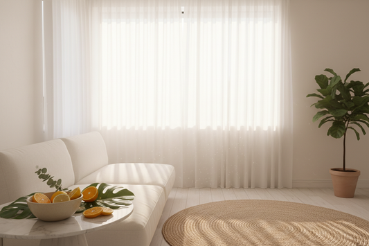 Soft morning light in a minimal living room with fresh citrus slices and botanicals — Veairy home fragrance inspiration
