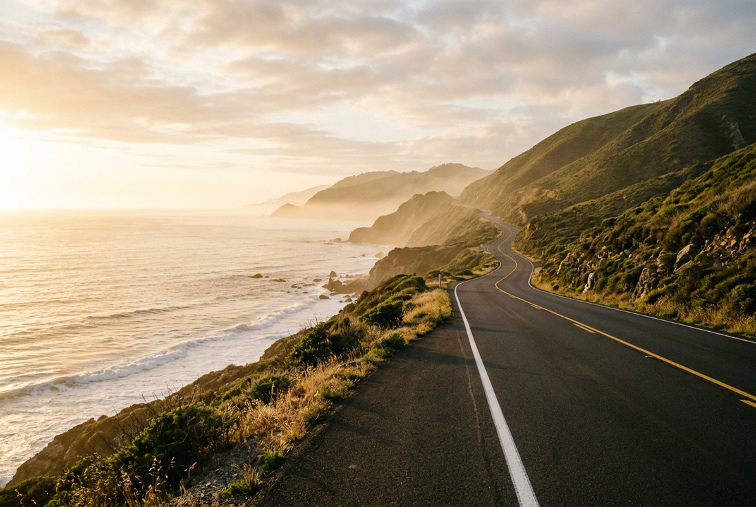 Scenic open coastal highway at golden hour for a comfortable long road trip guide