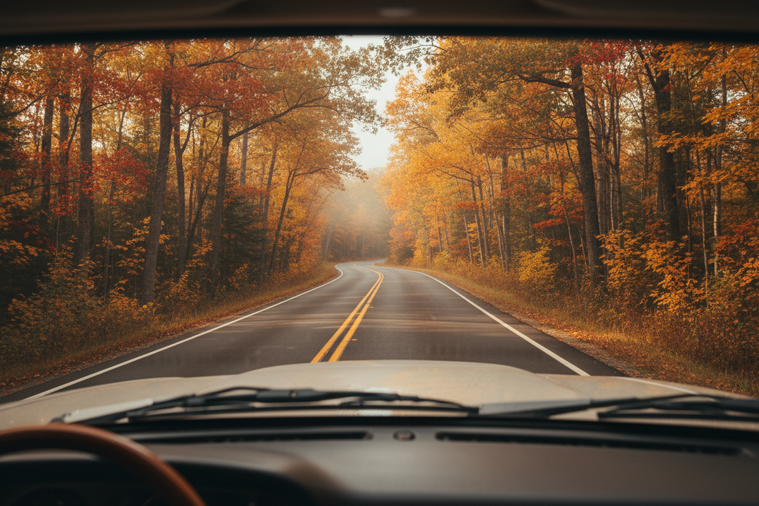 Scenic open road through autumn forest — car diffuser lifespan guide by Veairy