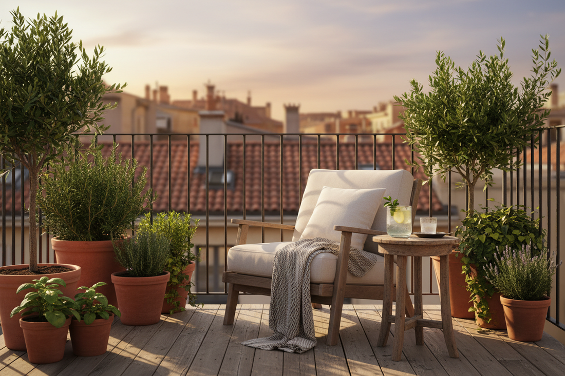 Compact urban balcony with afternoon sunlight and green plants — ideal setup for outdoor citrus essential oil diffusing