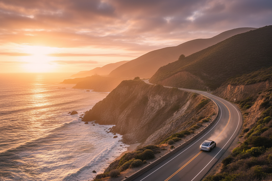 Scenic coastal highway road trip drive during golden hour