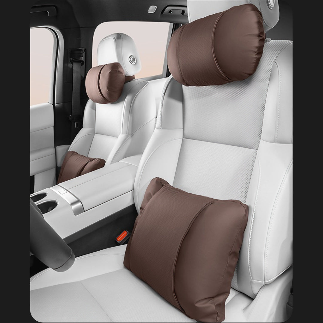 Car Neck Pillow and Lumbar Support Cushion – Nappa Leather Full Set (Neck + Lumbar) Brown