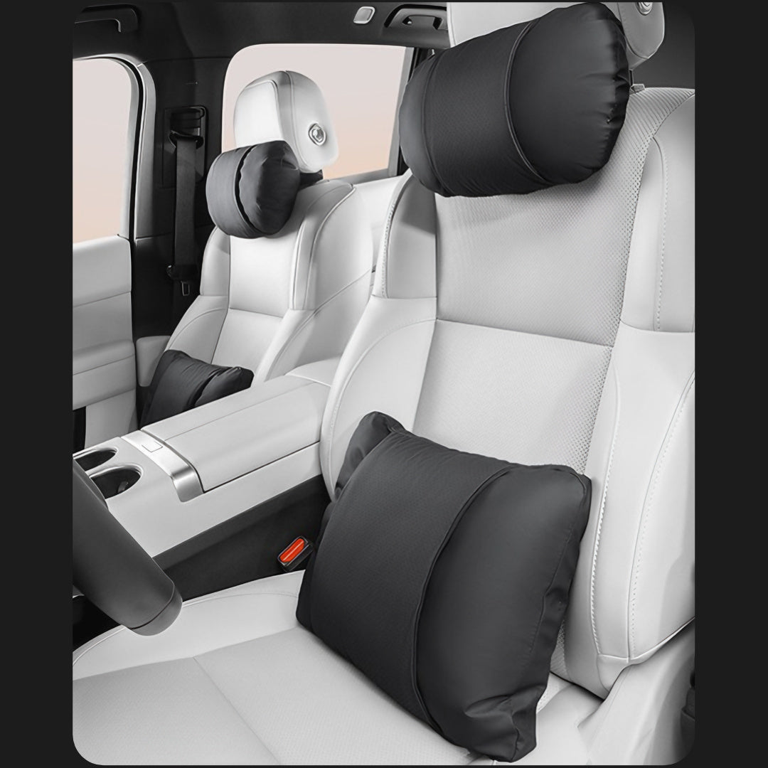 Car Neck Pillow and Lumbar Support Cushion – Nappa Leather Full Set (Neck + Lumbar) Black