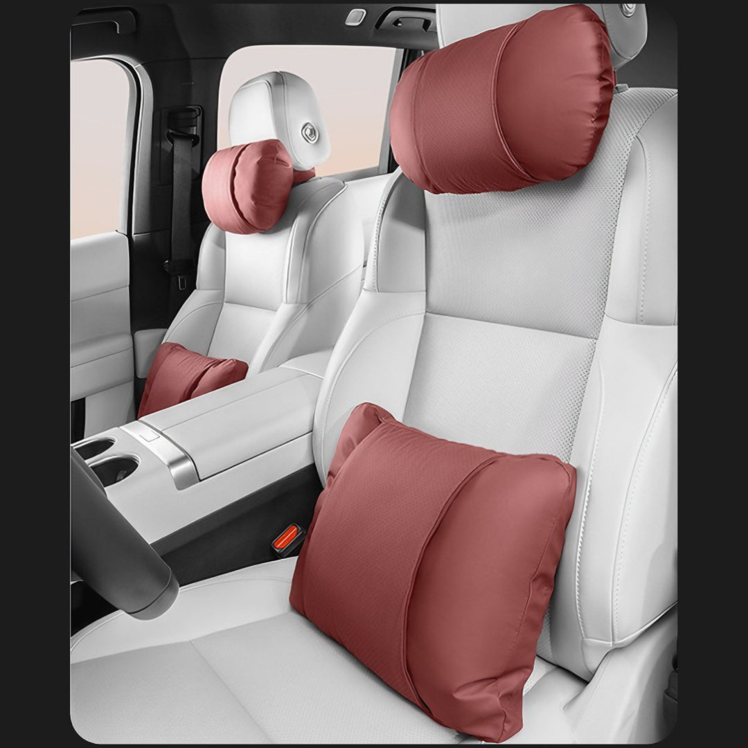 Car Neck Pillow and Lumbar Support Cushion – Nappa Leather Full Set (Neck + Lumbar) Firebrick